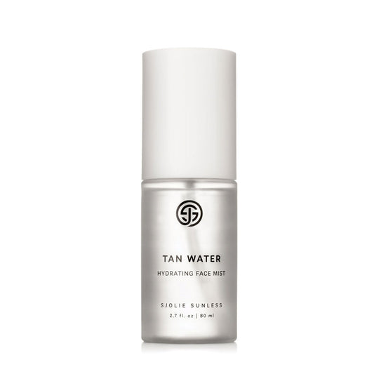 Tan Water hydrating face mist bottle on a white background